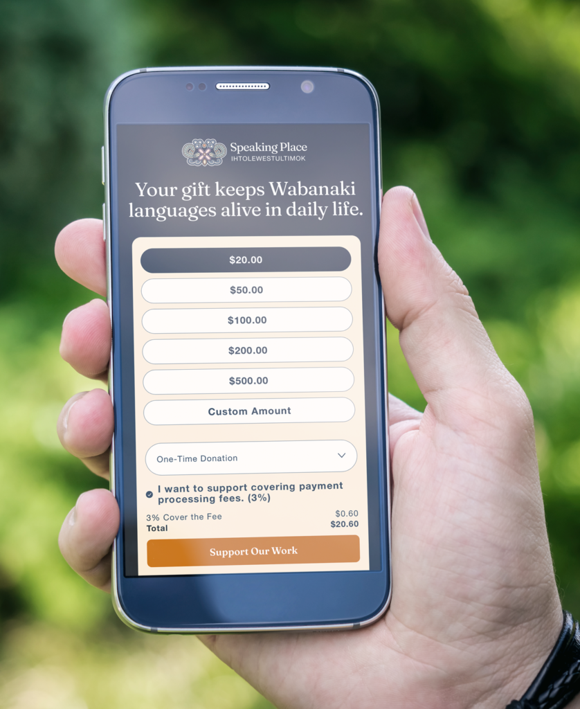 Phone mockup of Speaking Place donation page