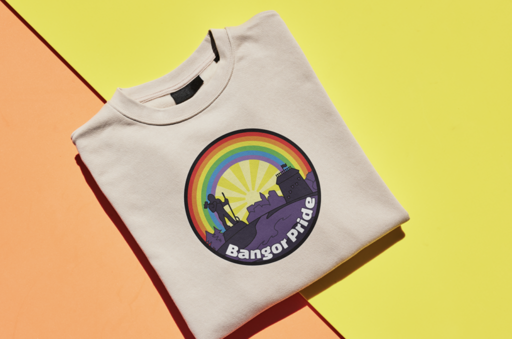 mockup of Bangor Pride logo on sweatshirt