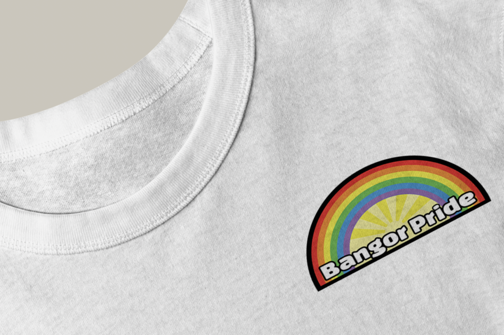 mockup of Bangor Pride logo on t shirt